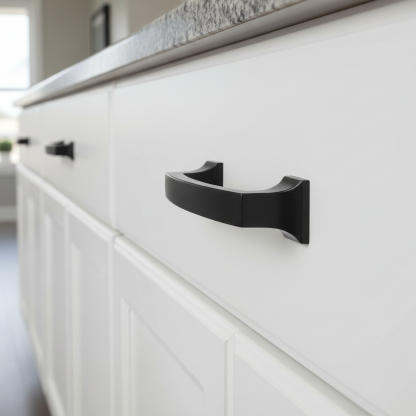 Black cabinet pull on a white cabinet drawer