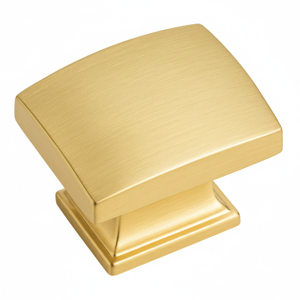 Brushed brass square cabinet knob on a white background