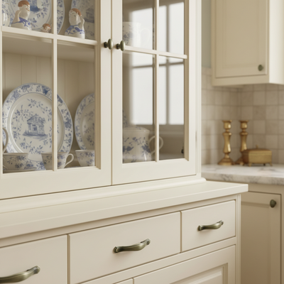 White kitchen cabinet with glass doors displaying decorative plates and cups, with a neutral color scheme.