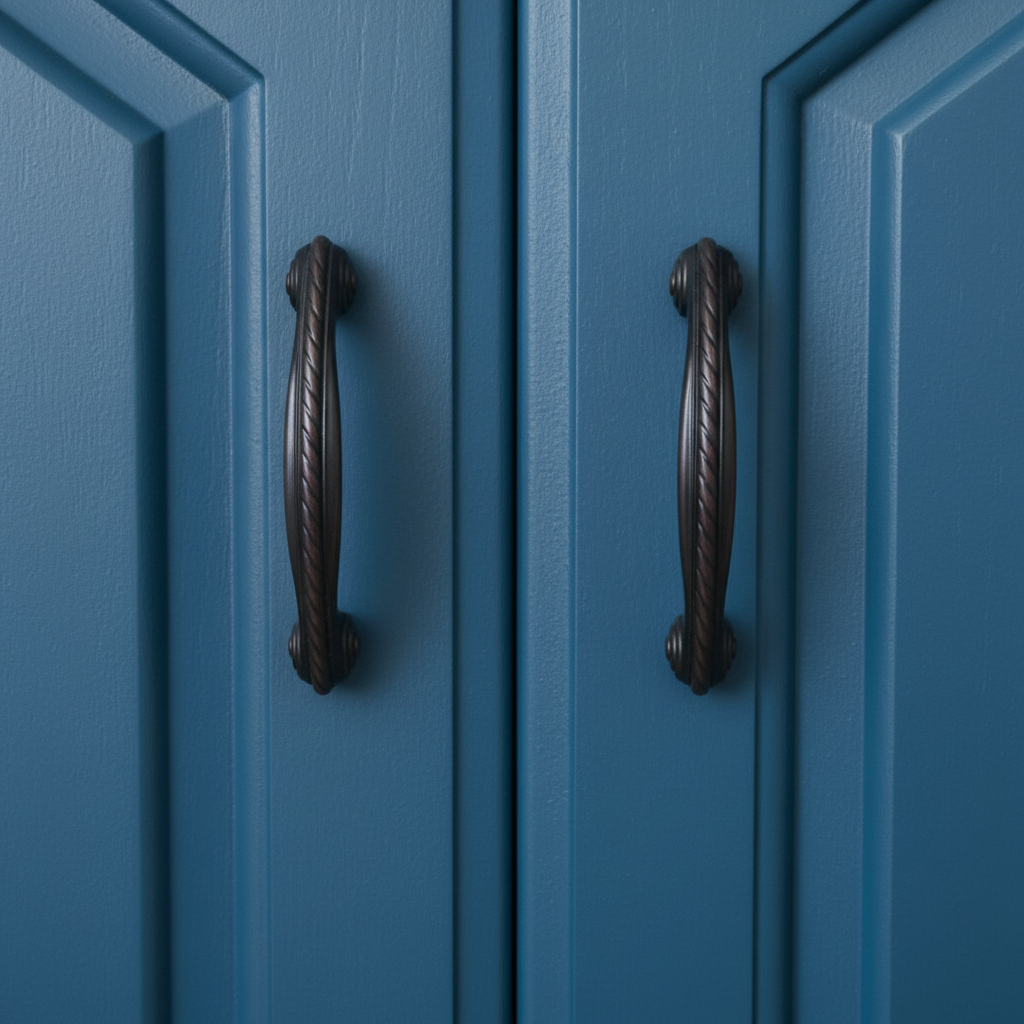 Close-up of blue doors with decorative oil rubbed bronze
 handles