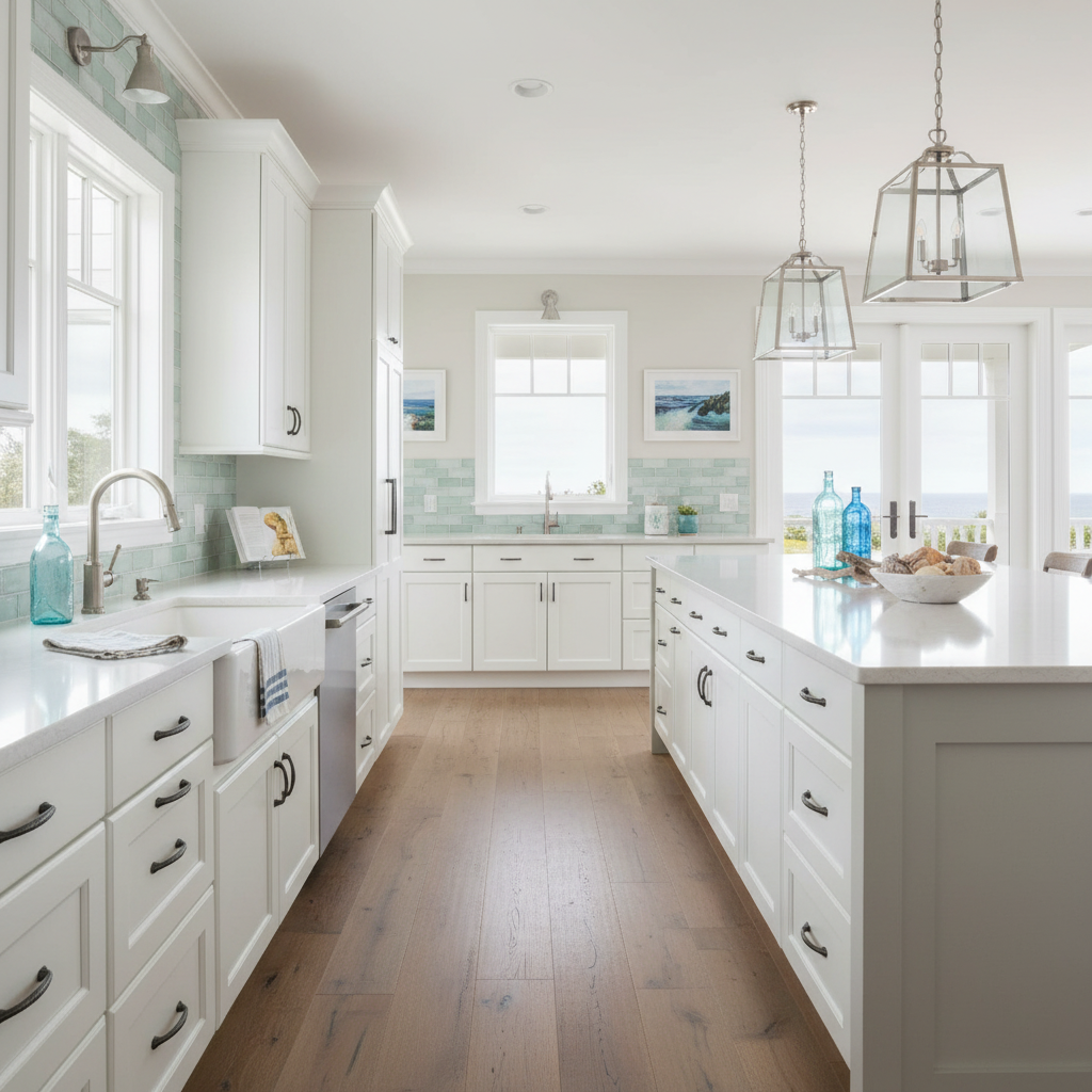 oil rubbed bronze rope cabinet pull on a white coastal kitchen 
