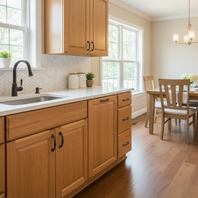 maple cabinets with brown cabinet pulls in a kitchen 