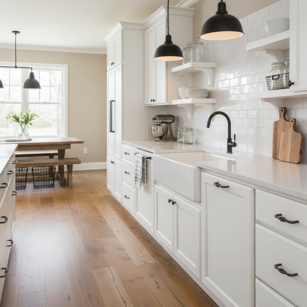 Bird cage cabinet hardware installed in a  kitchen with white cabinets, black fixtures, and wooden flooring.