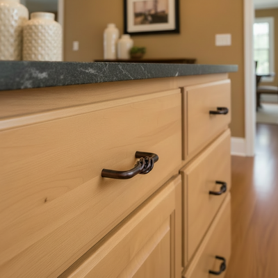 Wooden cabinet with black handles in a kitchen setting