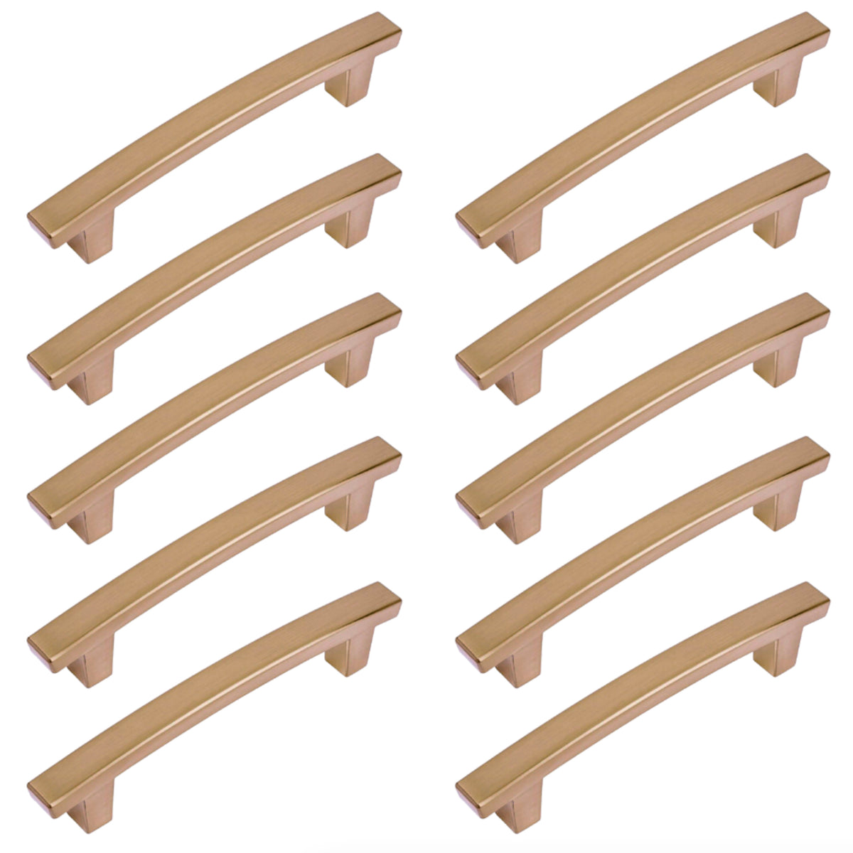 A gold champagne arch style cabinet pull with a subtle arch design and beveled edges.