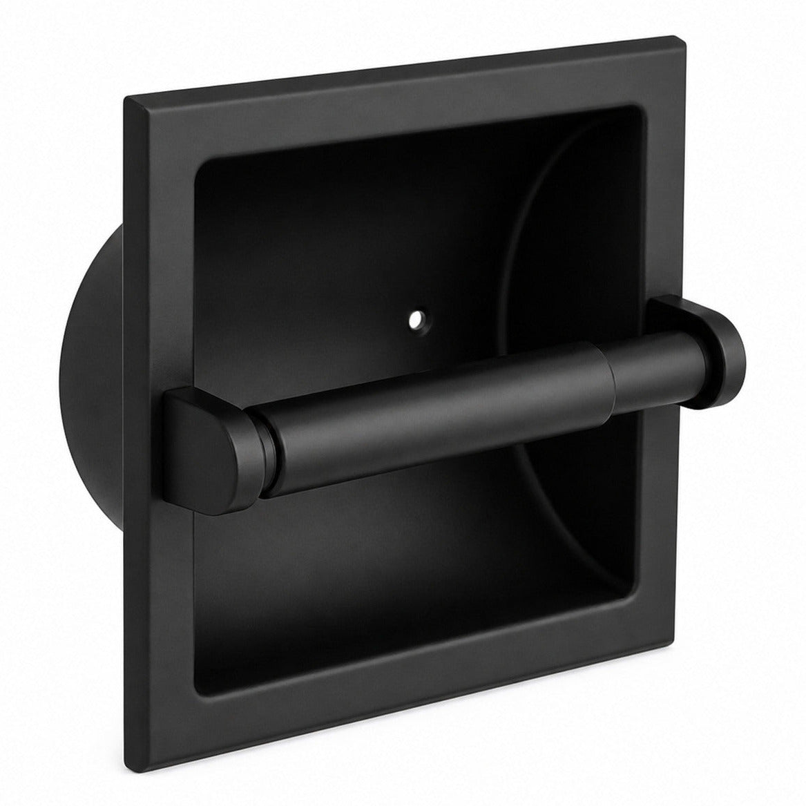 Black recessed toilet paper holder on a white background