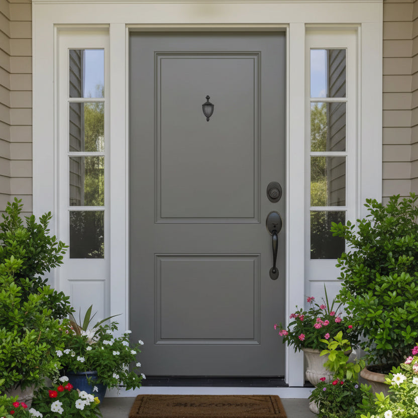 Grey front door with glass sidelights on a house exterior.
