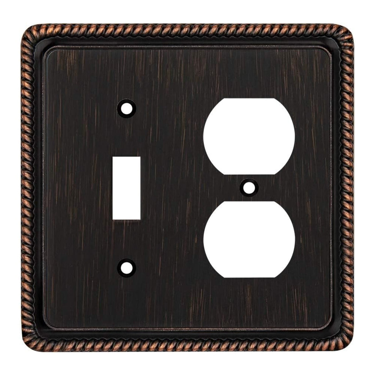 A square oil bronze outlet cover plate with a decorative twisted rope border, featuring a single light switch cutout and a double outlet cutout on a white background.