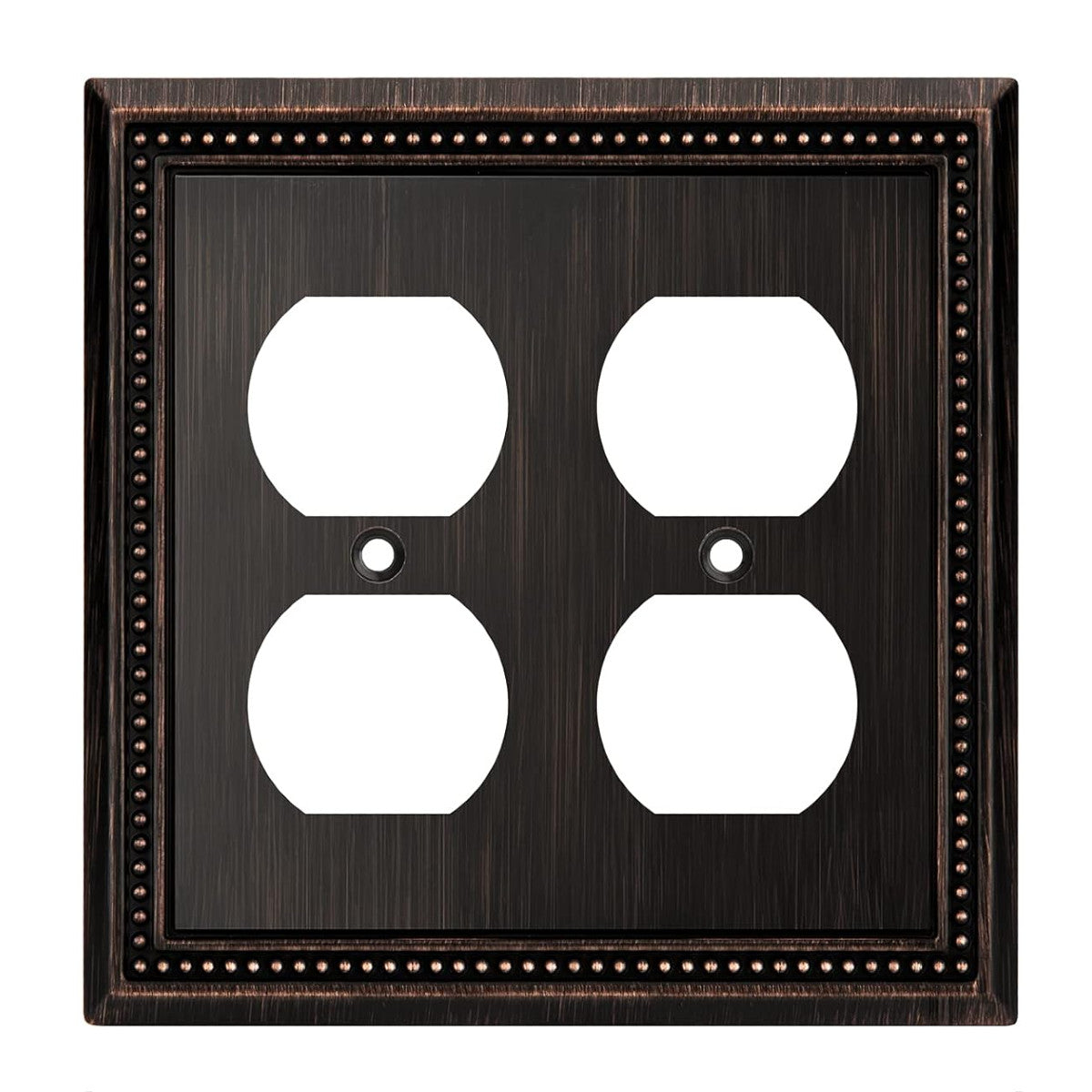 Double electrical outlet cover with bronze frame on a white background