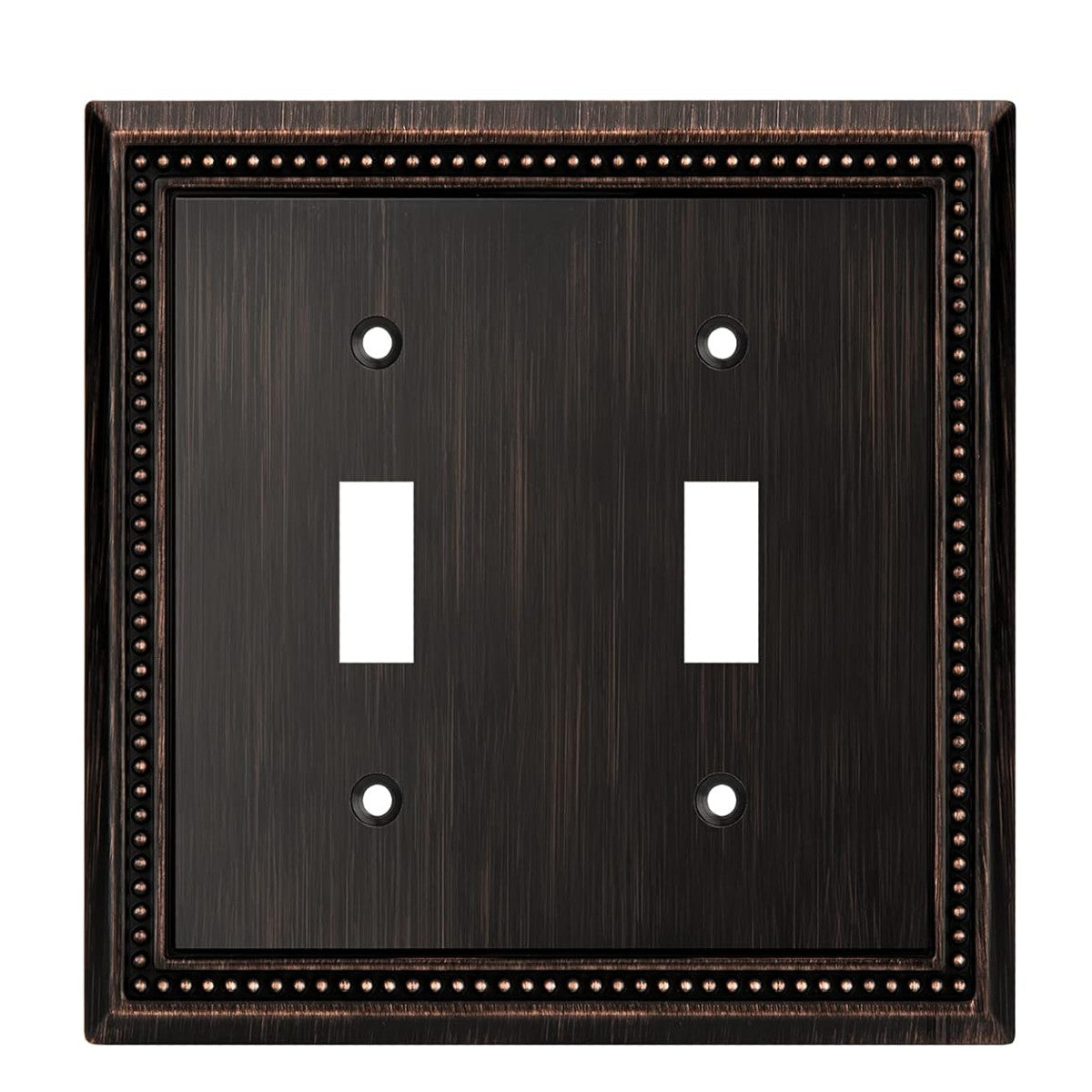 Double toggle switch plate with bronze border on a white background