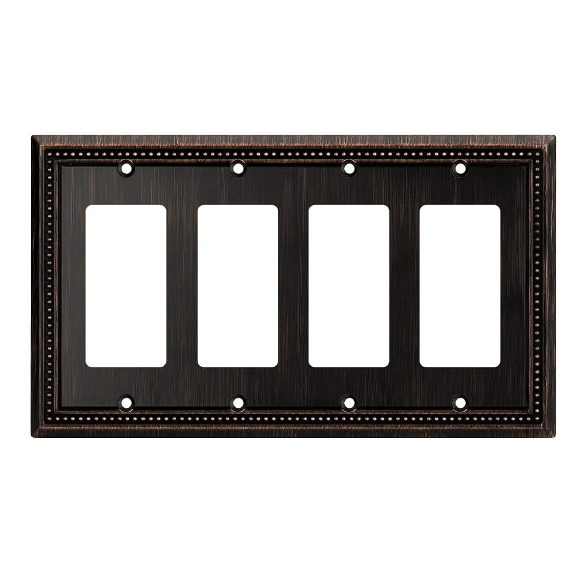 Dark bronze decorative wall plate with four blank sockets on a white background