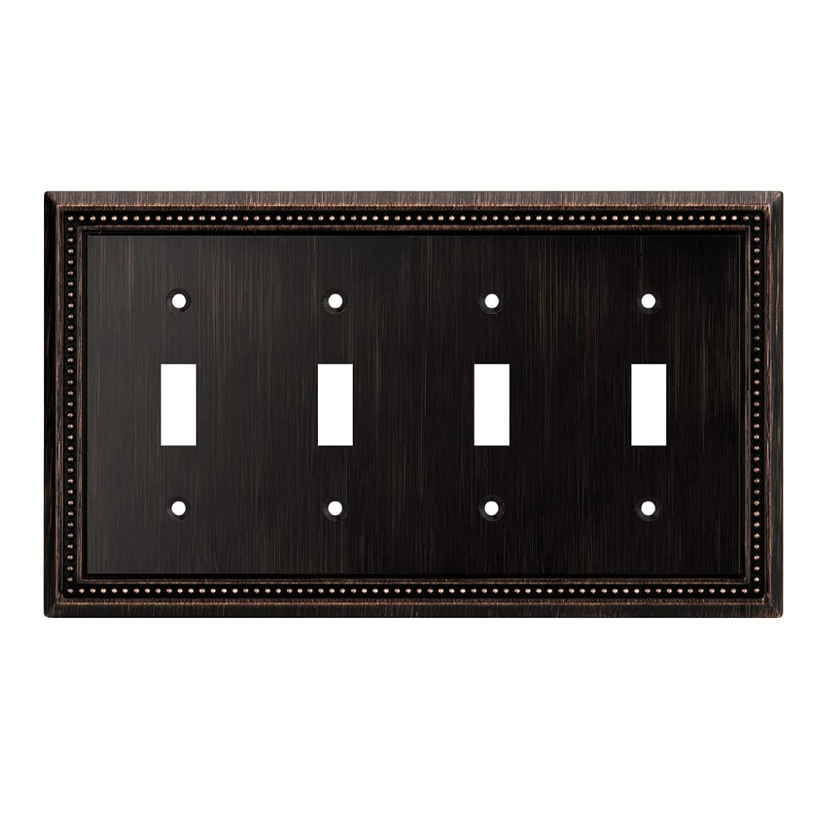 Dark bronze switch plate with four toggle switches on a white background
