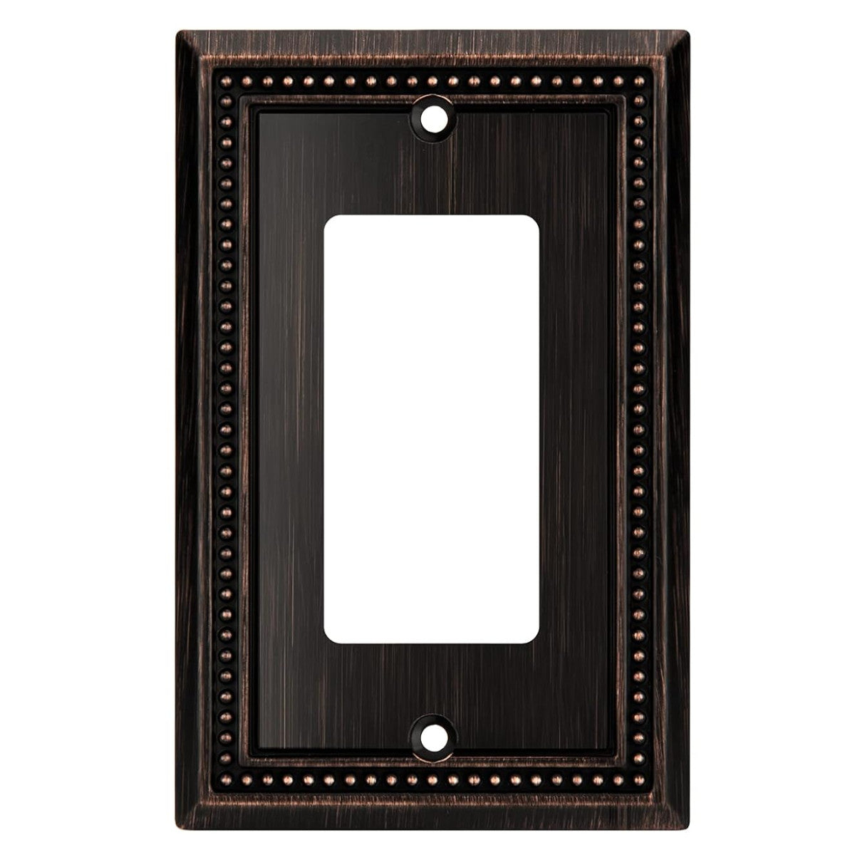 Decorative oil rubbed bronze wall plate with a single gang design on a white background