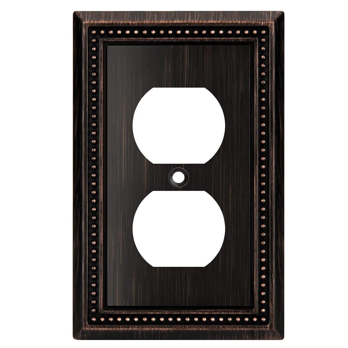 Decorative wall outlet cover with bronze frame and white sockets on a white background