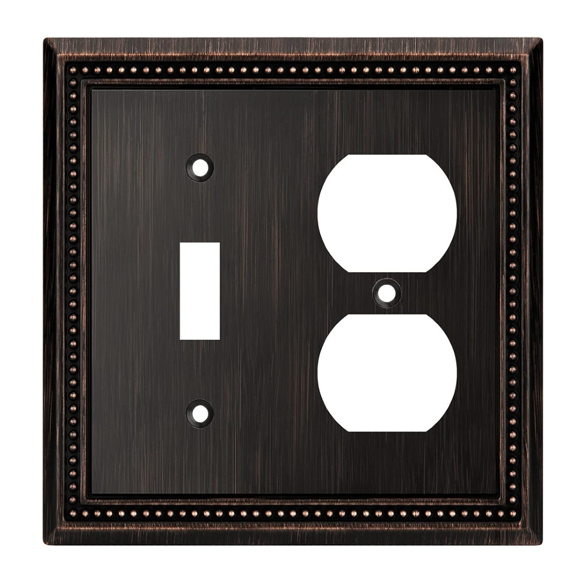Bronze switch plate with white outlet and switch icons on a white background