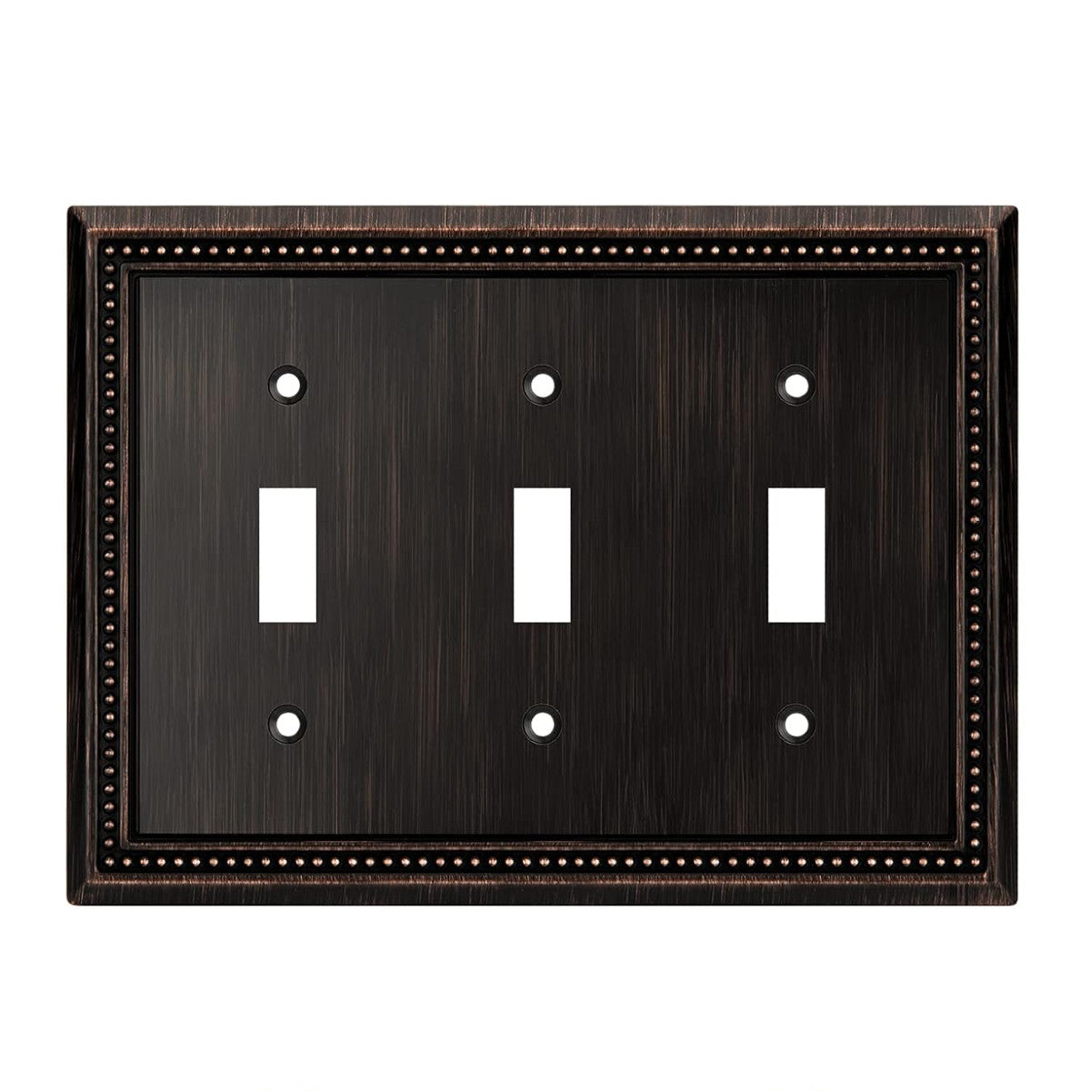 Rubbed bronze switch plate with three toggle switches on a white background