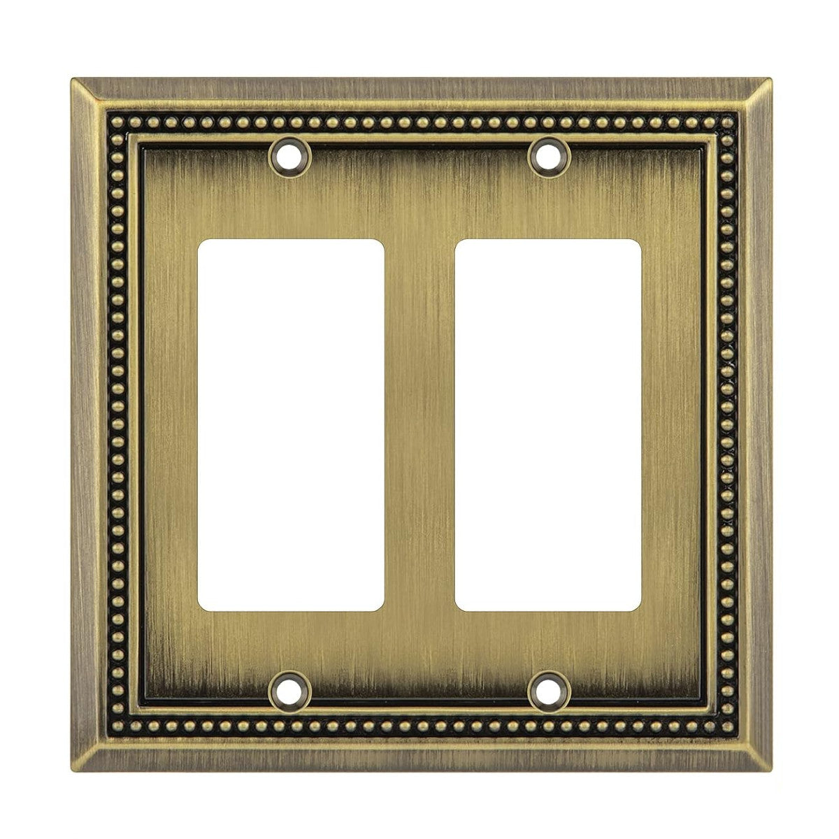 Double gang brass wall plate with decorative border on a white background