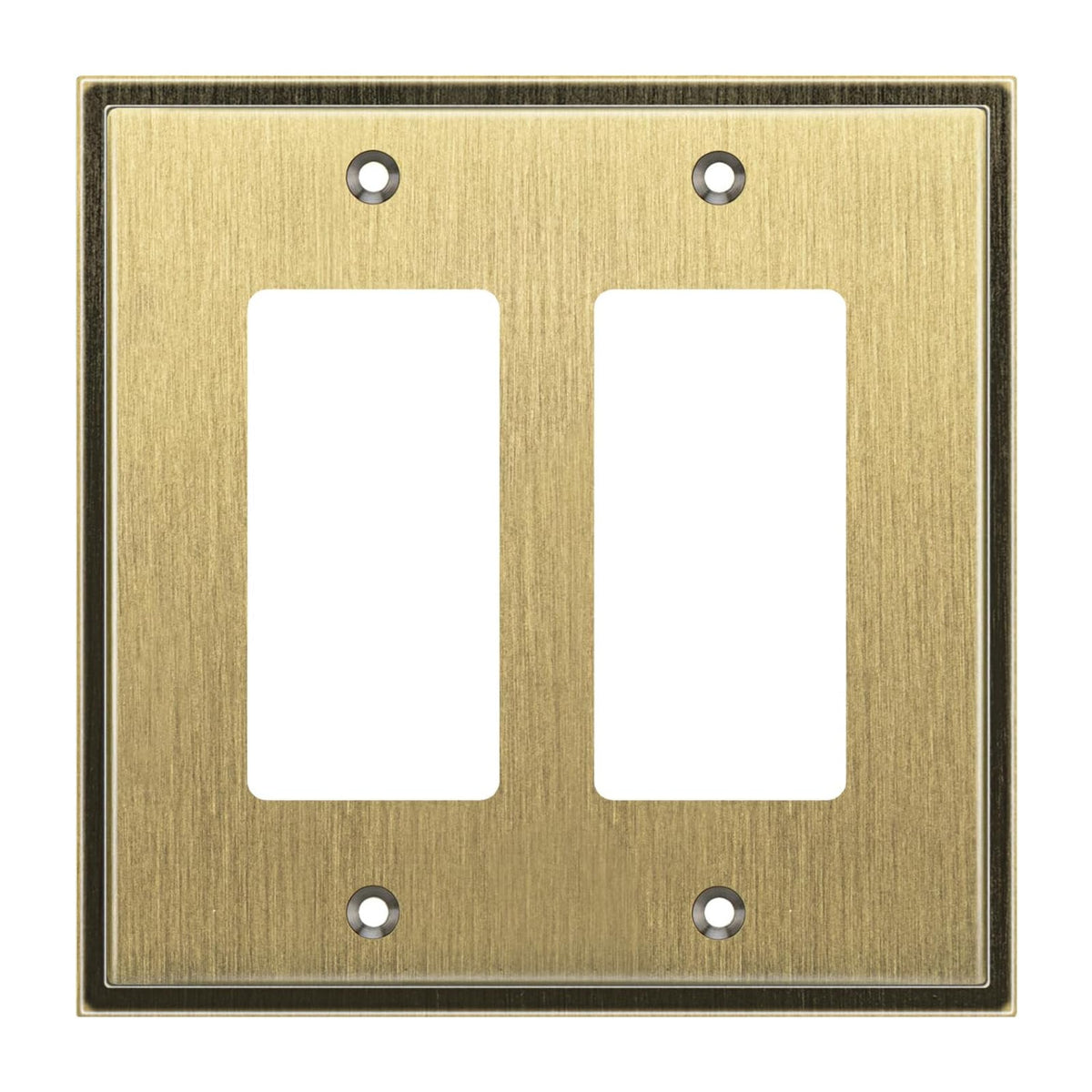 Double gang brass wall plate with two vacant slots on a white background