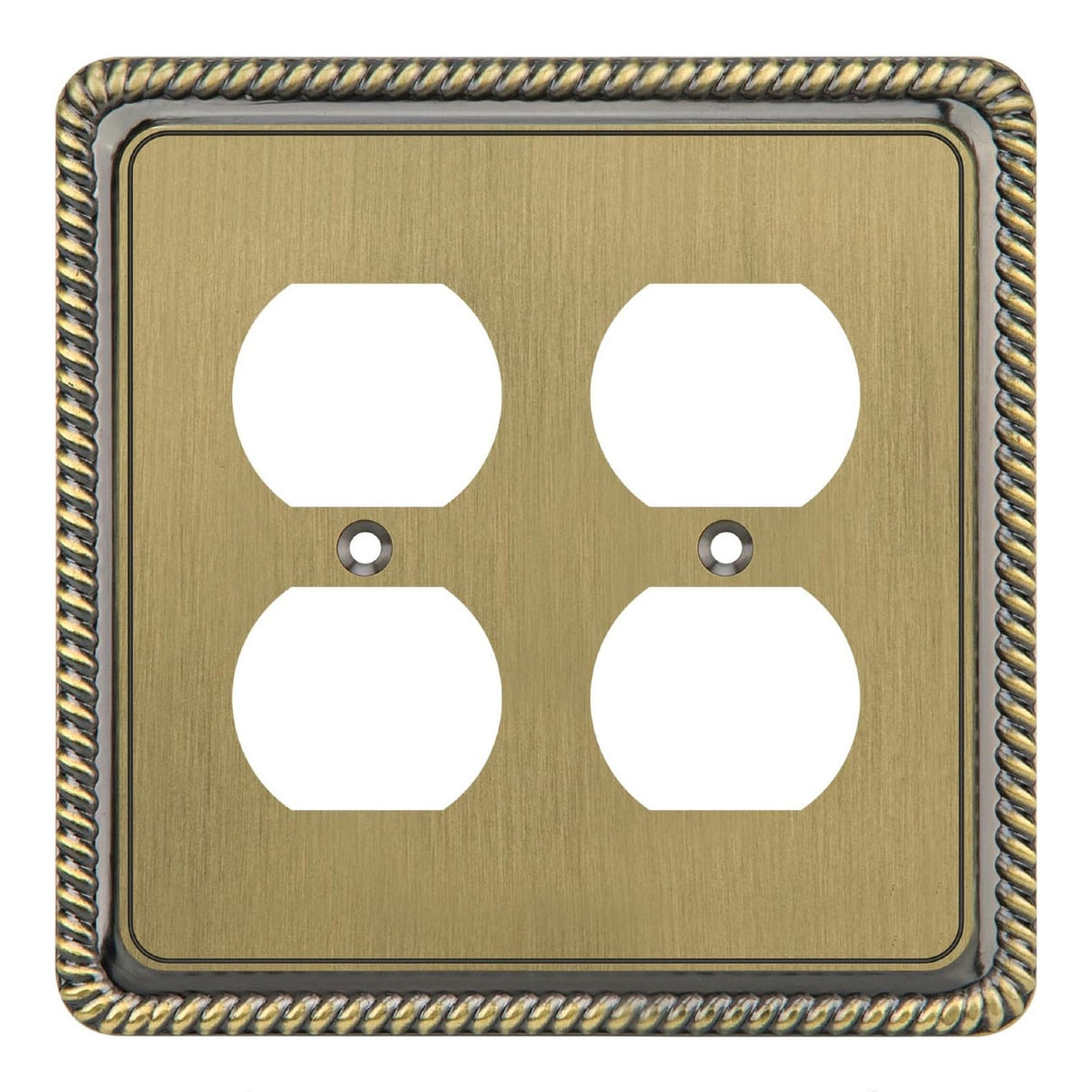 Double outlet wall plate with decorative border on a white background