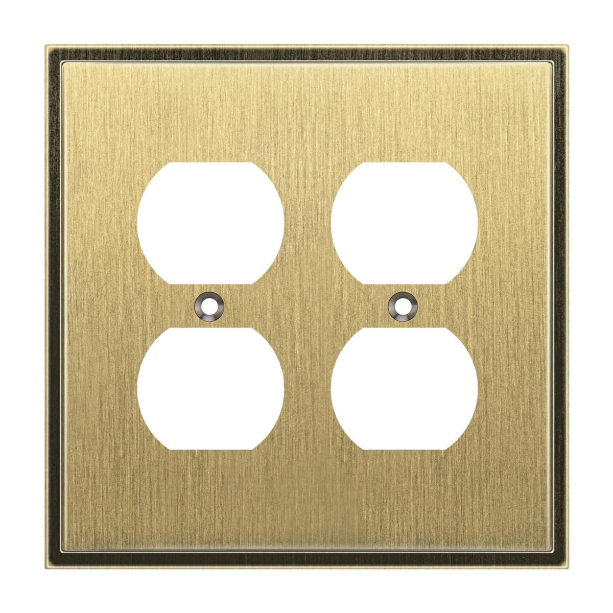 Antique brass electrical outlet cover with four white sockets on a white background