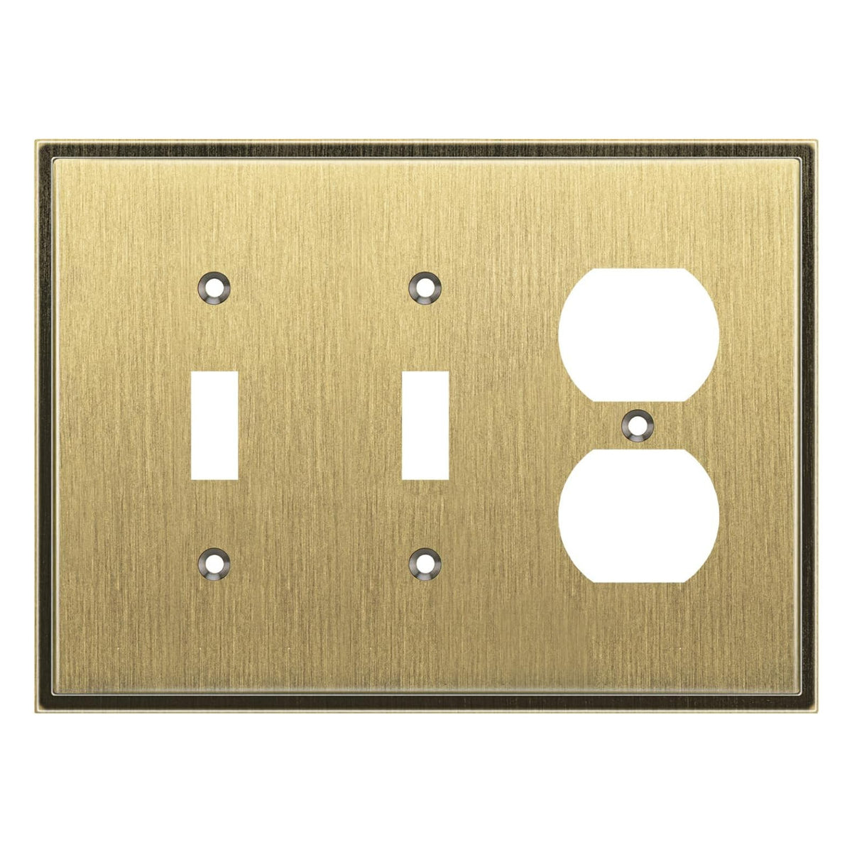 Brass switch plate with two toggle switches and one outlet on a white background