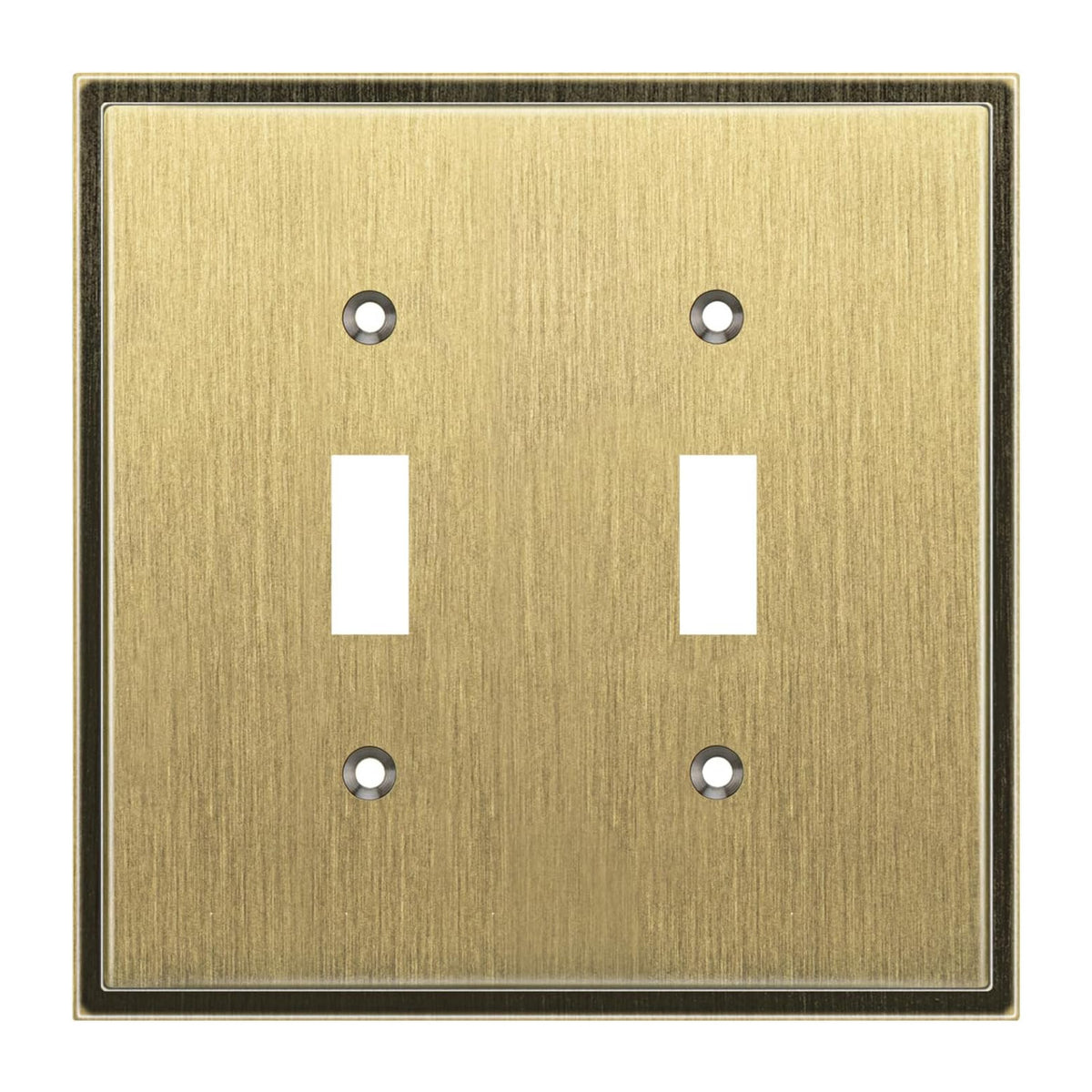 Double toggle switch plate with antique brass finish on a white background
