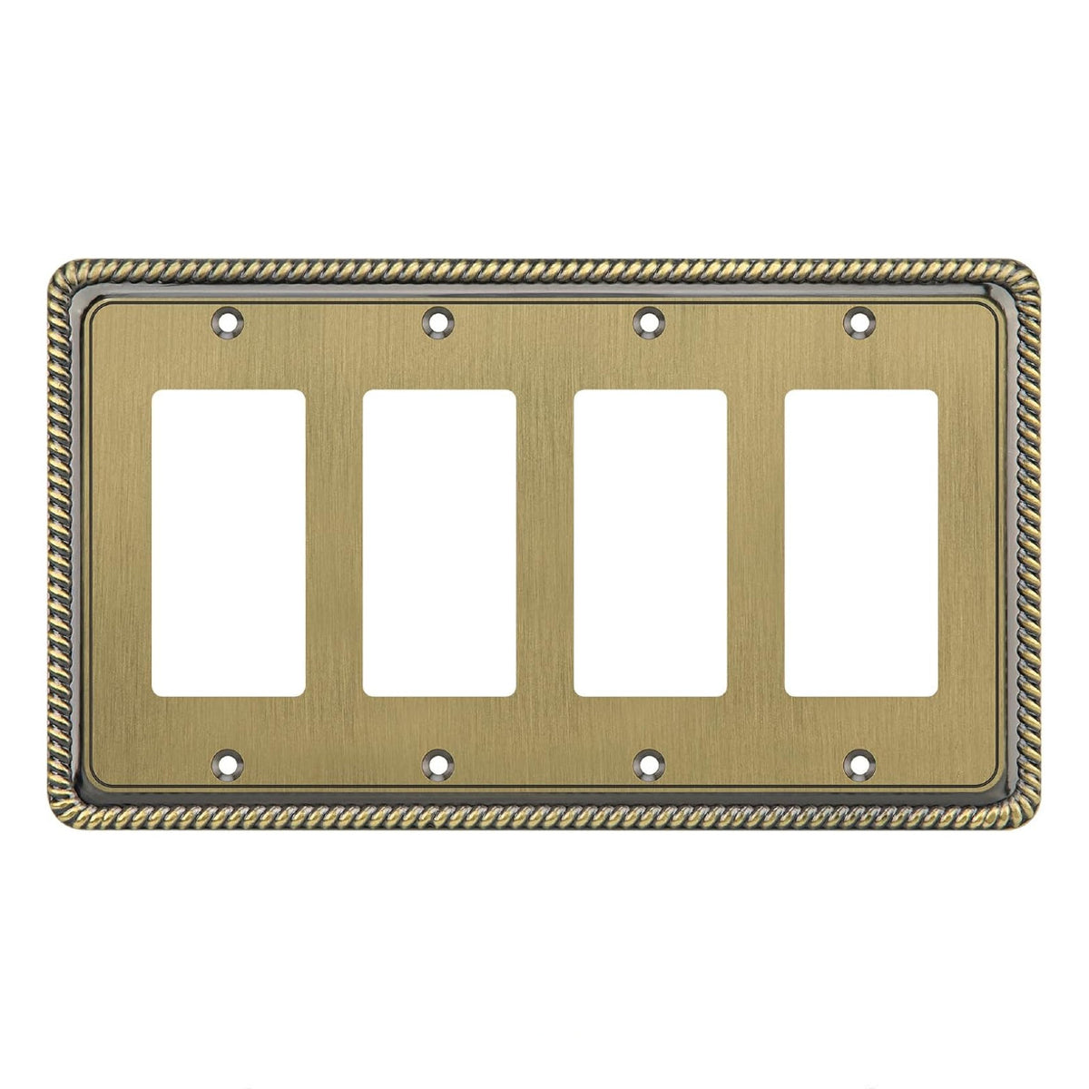 Brass quad gangway switch plate with decorative border on a white background
