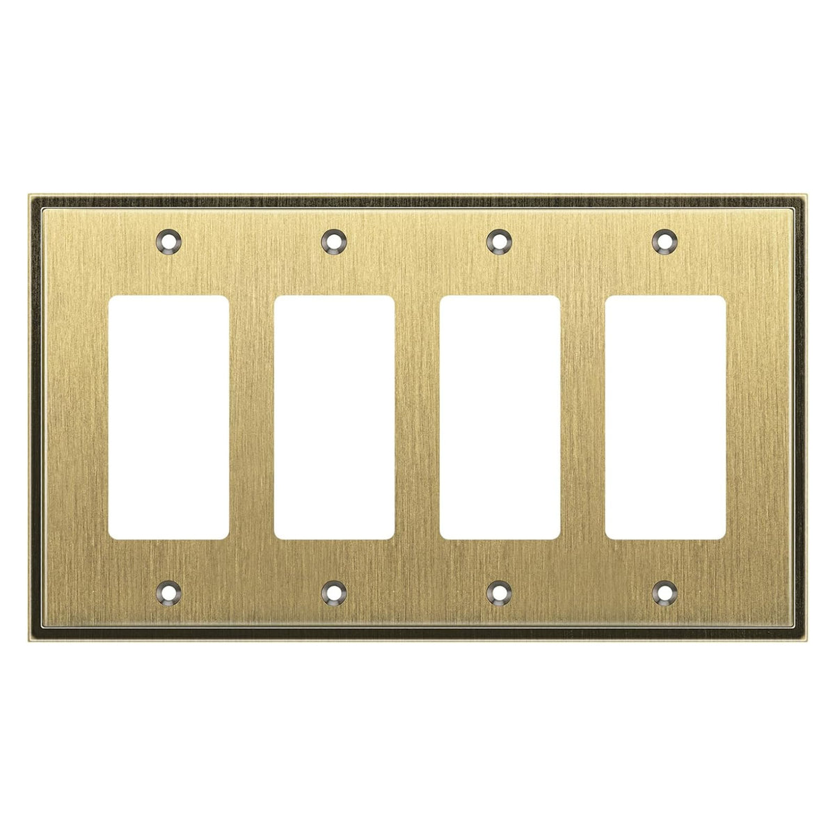 Brass-colored four-gang wall plate on a white background
