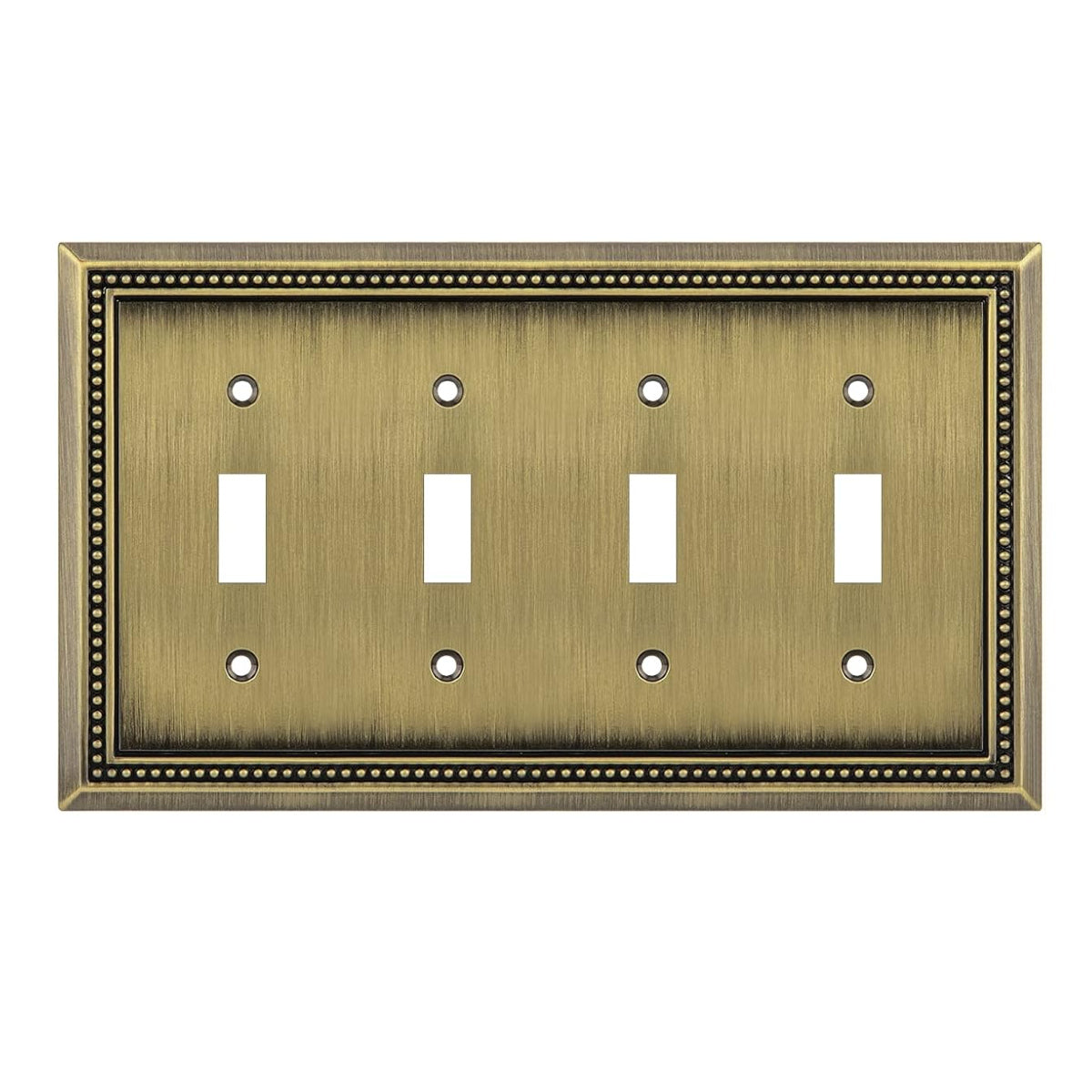 Antique brass four-toggle switch plate with decorative border on a white background