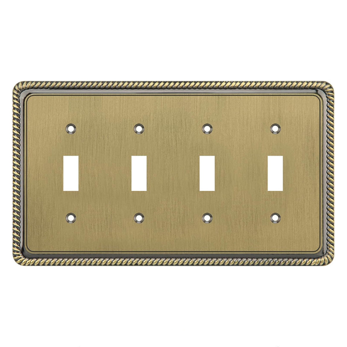Brass-colored four-toggle switch plate with decorative border on a white background