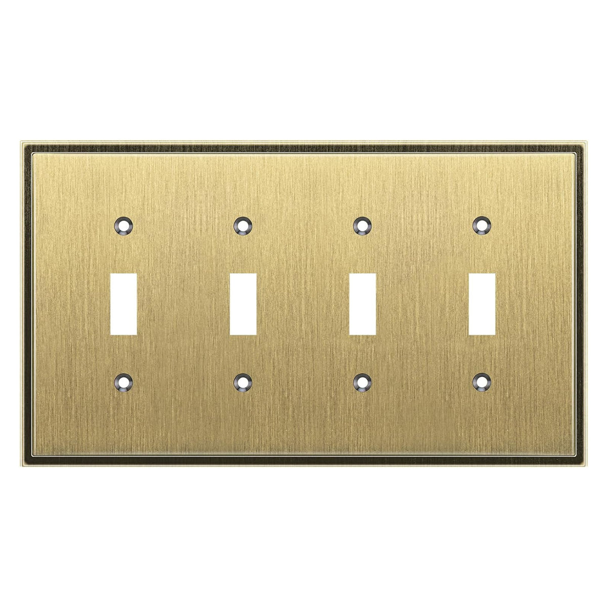 Antique brass switch plate with four toggle switches on a white background