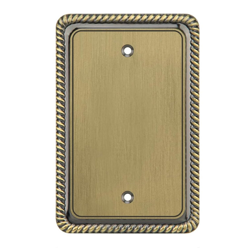 Rectangular brass wall plate with decorative border on a white background