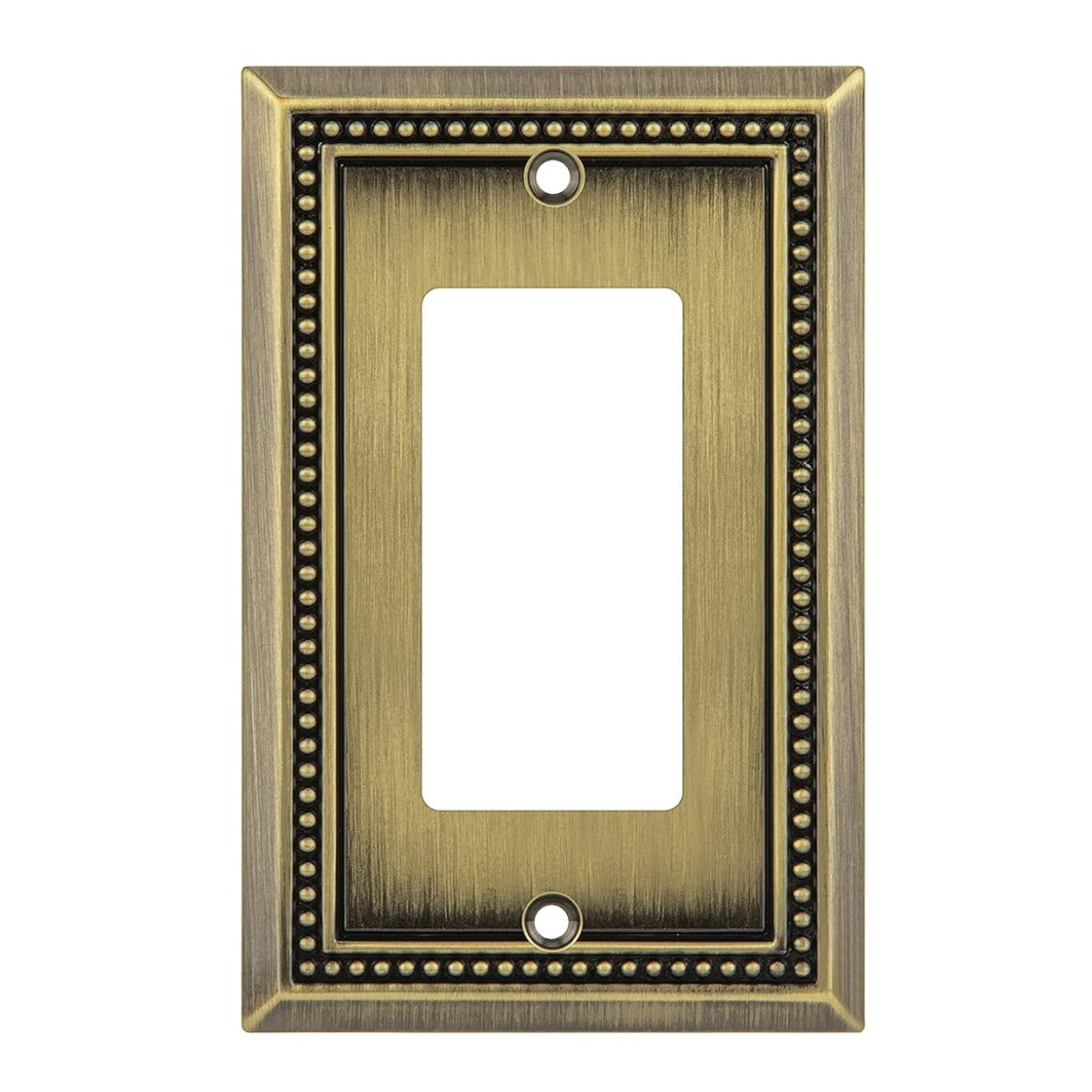 Antique brass wall plate with beaded border on a white background