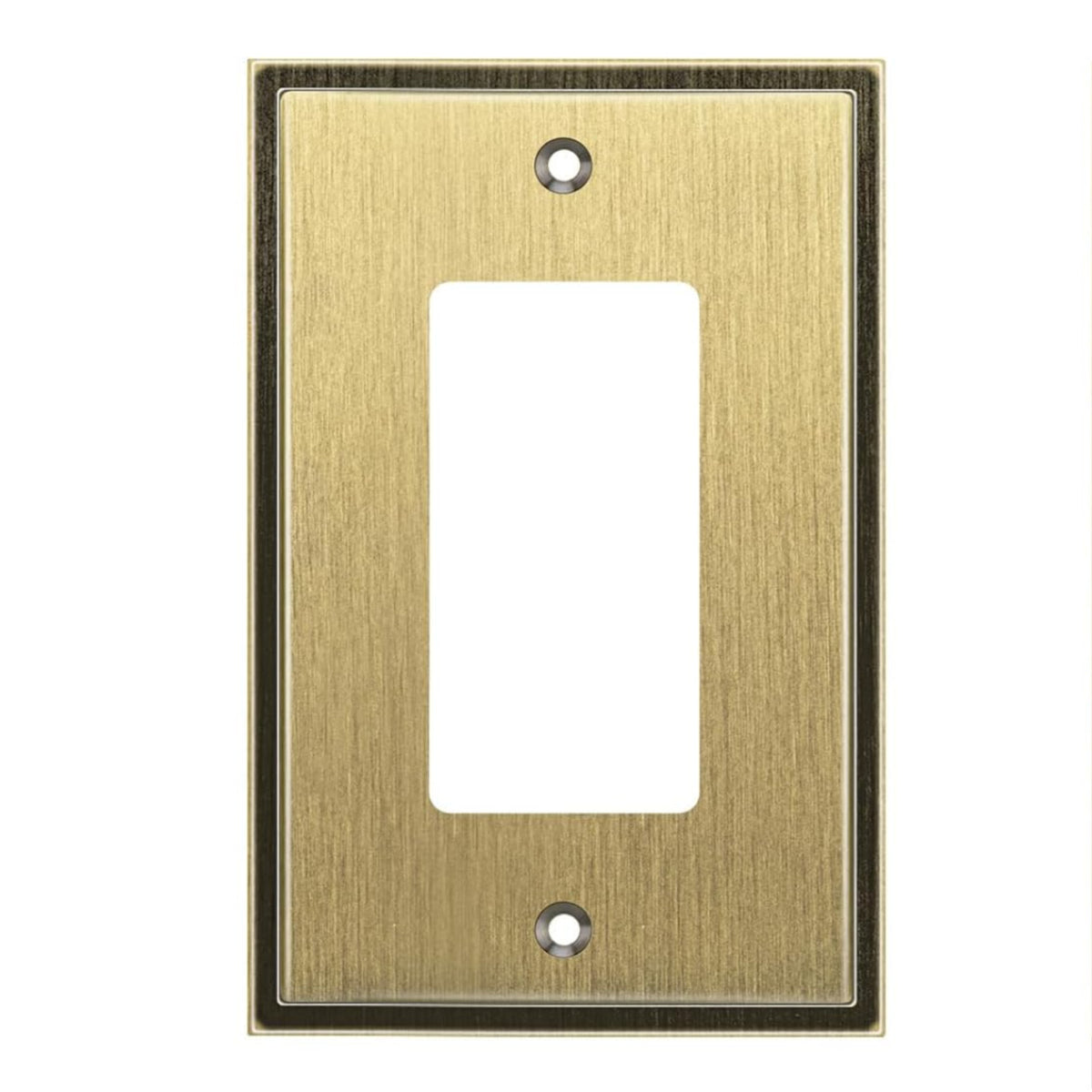 Antique brass metal wall plate with a single gang design on a white background