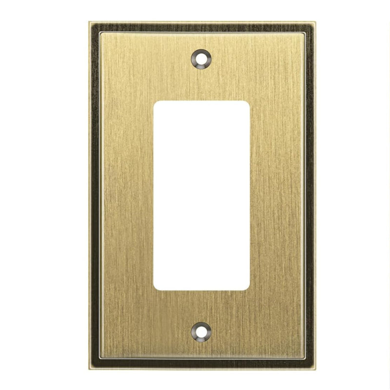 Antique brass metal wall plate with a single gang design on a white background