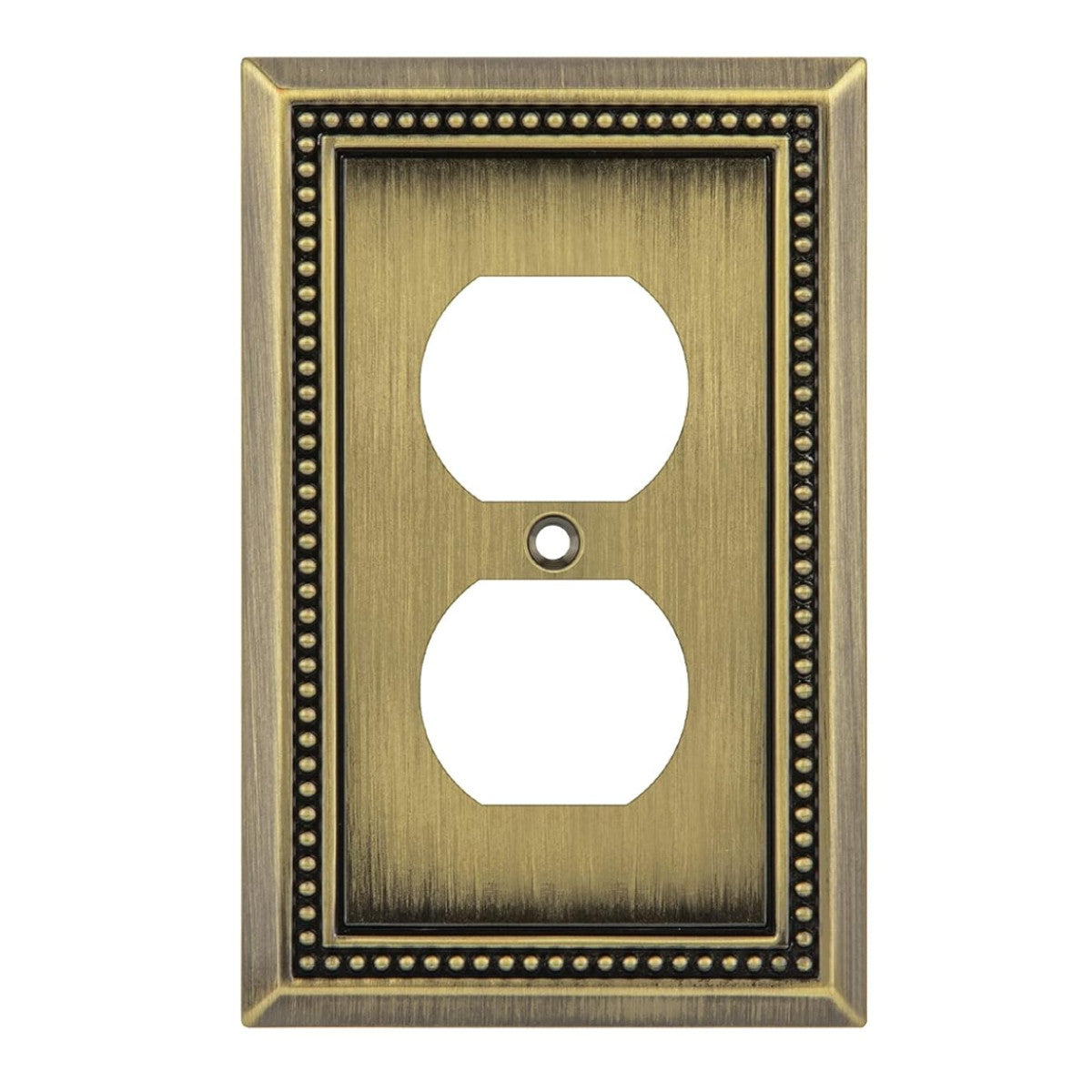 Antique brass wall outlet cover with beaded border on a white background