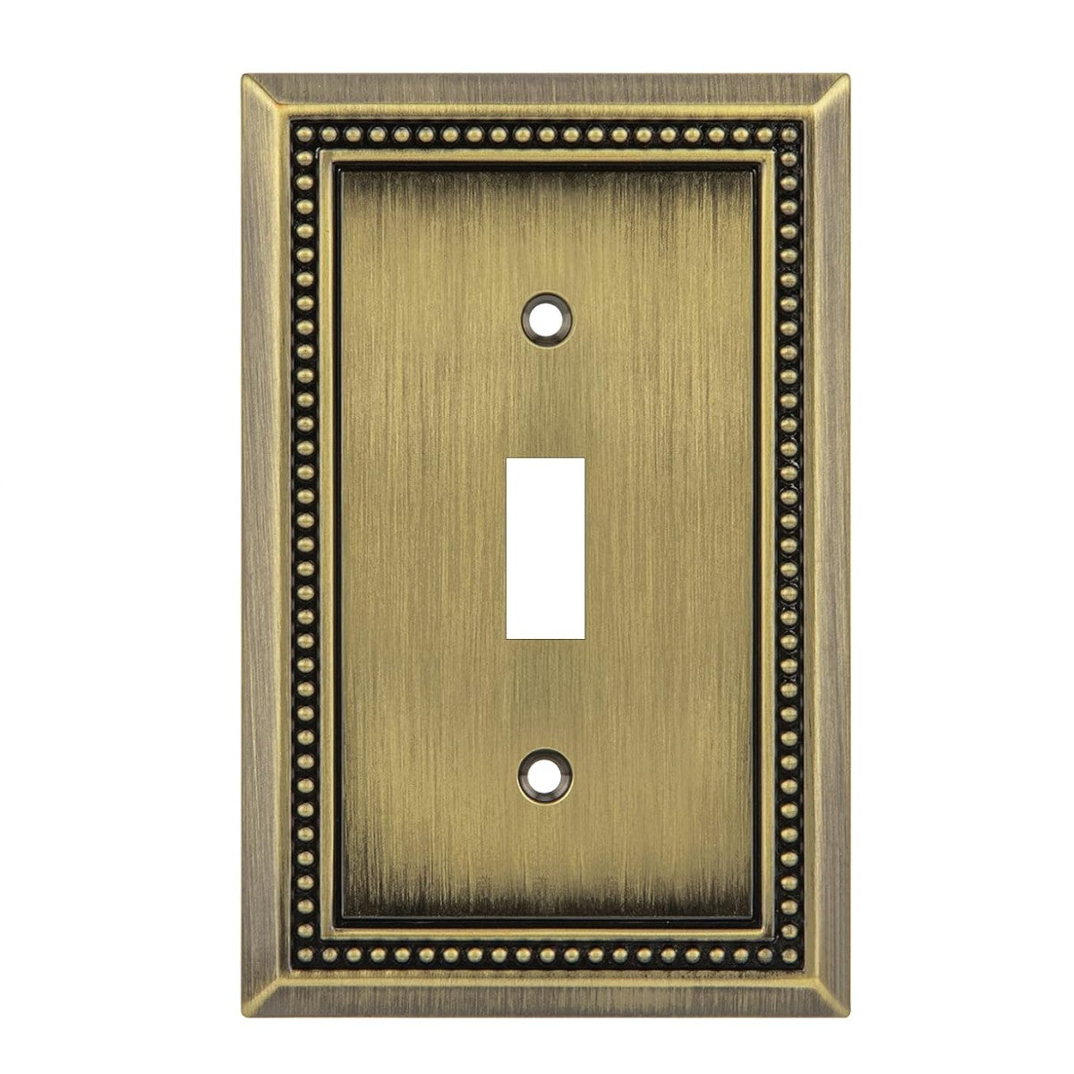 Antique brass single toggle switch plate with decorative border on a white background