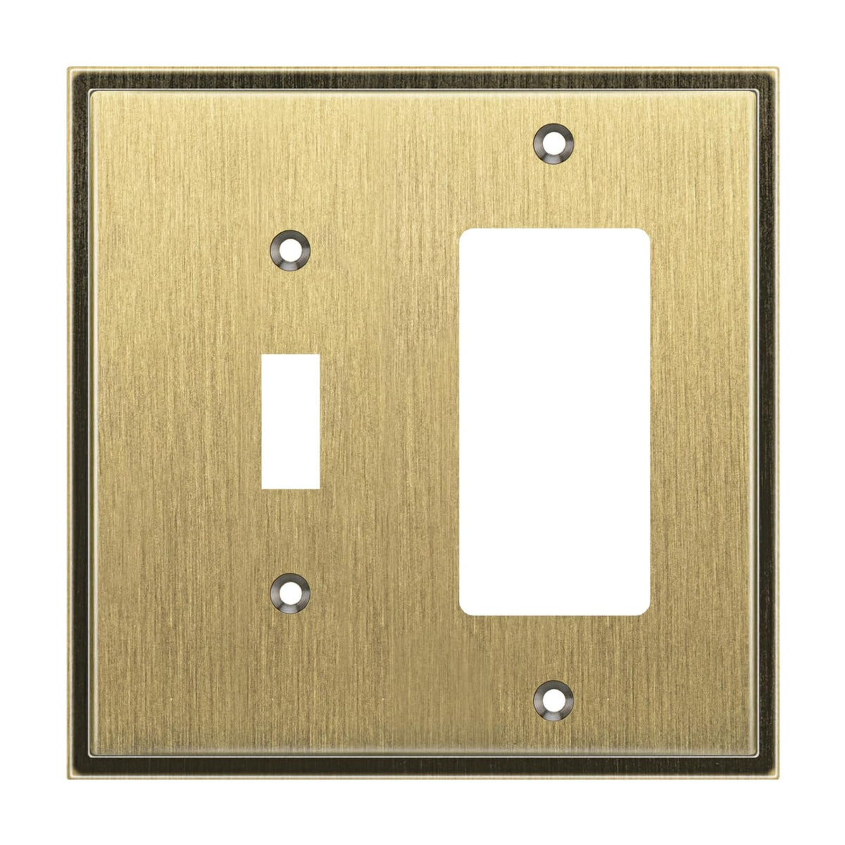 Antique brass switch plate with two outlets on a white background
