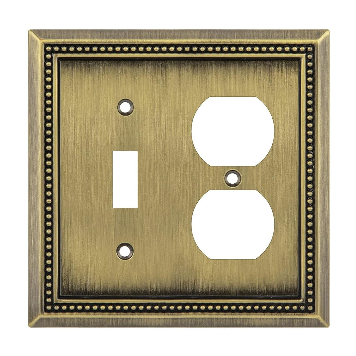 Decorative brass switch plate with a single toggle and duplex outlet design.