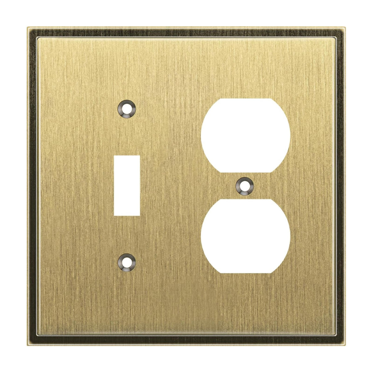 Brass wall plate with two electrical outlets on a white background