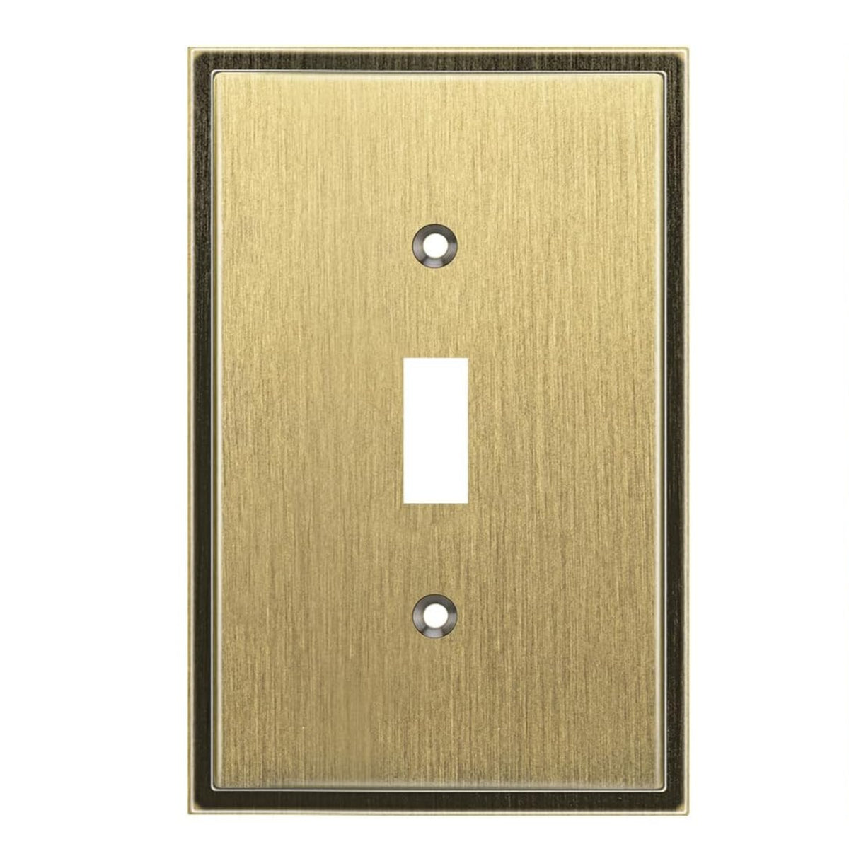 Antique brass switch plate with a single toggle design on a white background