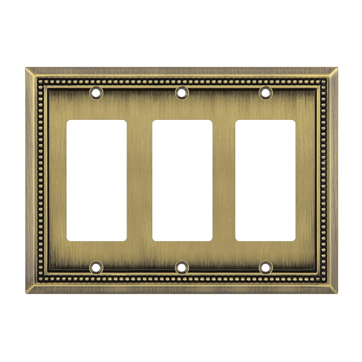 Antique brass three-gang wall plate on a white background