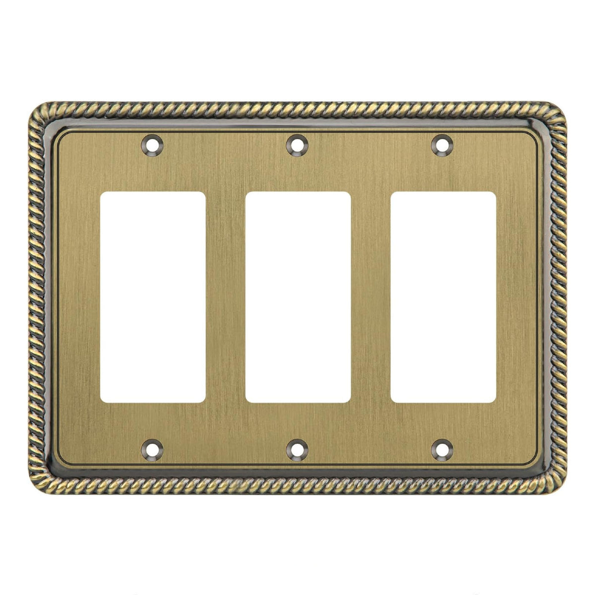 Decorative brass wall plate with three vacant slots on a white background