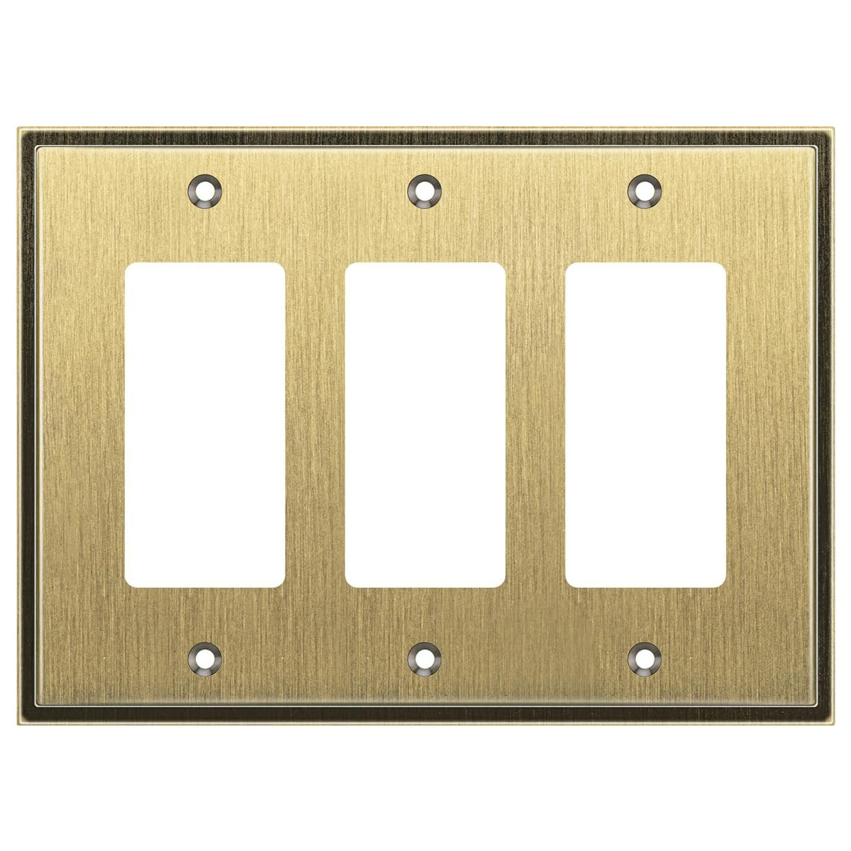 Brass triple gangway switch plate on a white background