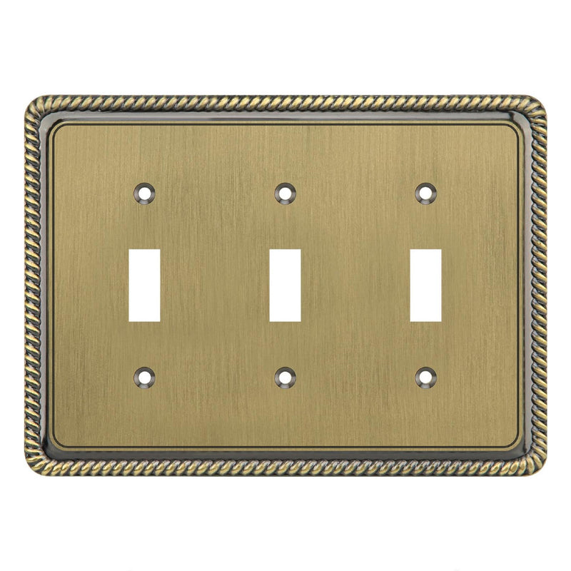 Triple toggle switch plate with decorative border on a white background