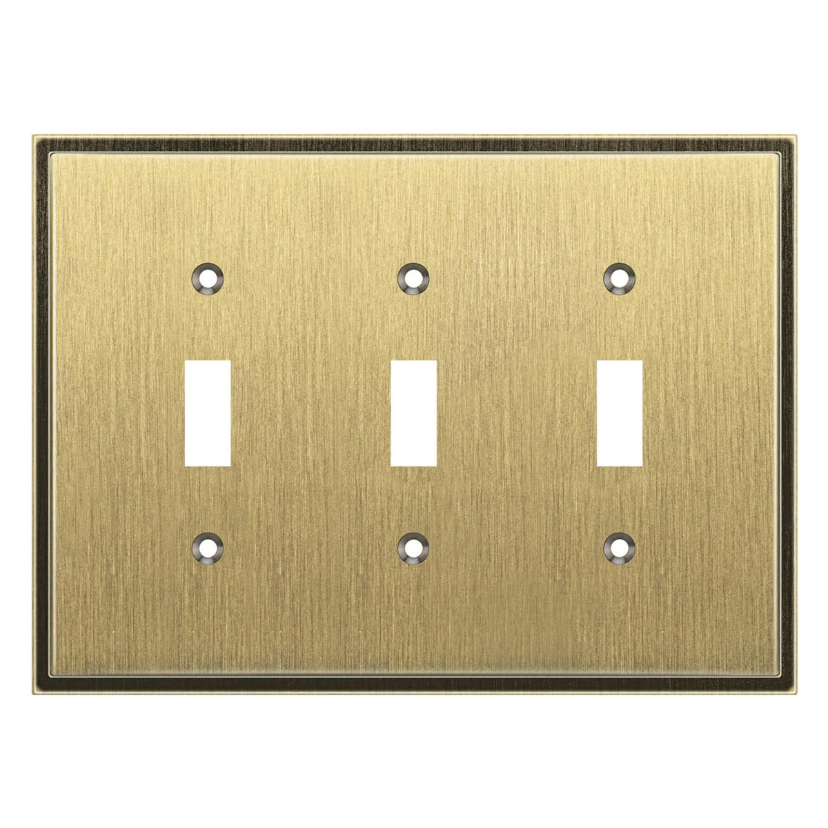 Antique brass triple toggle switch plate on a white background