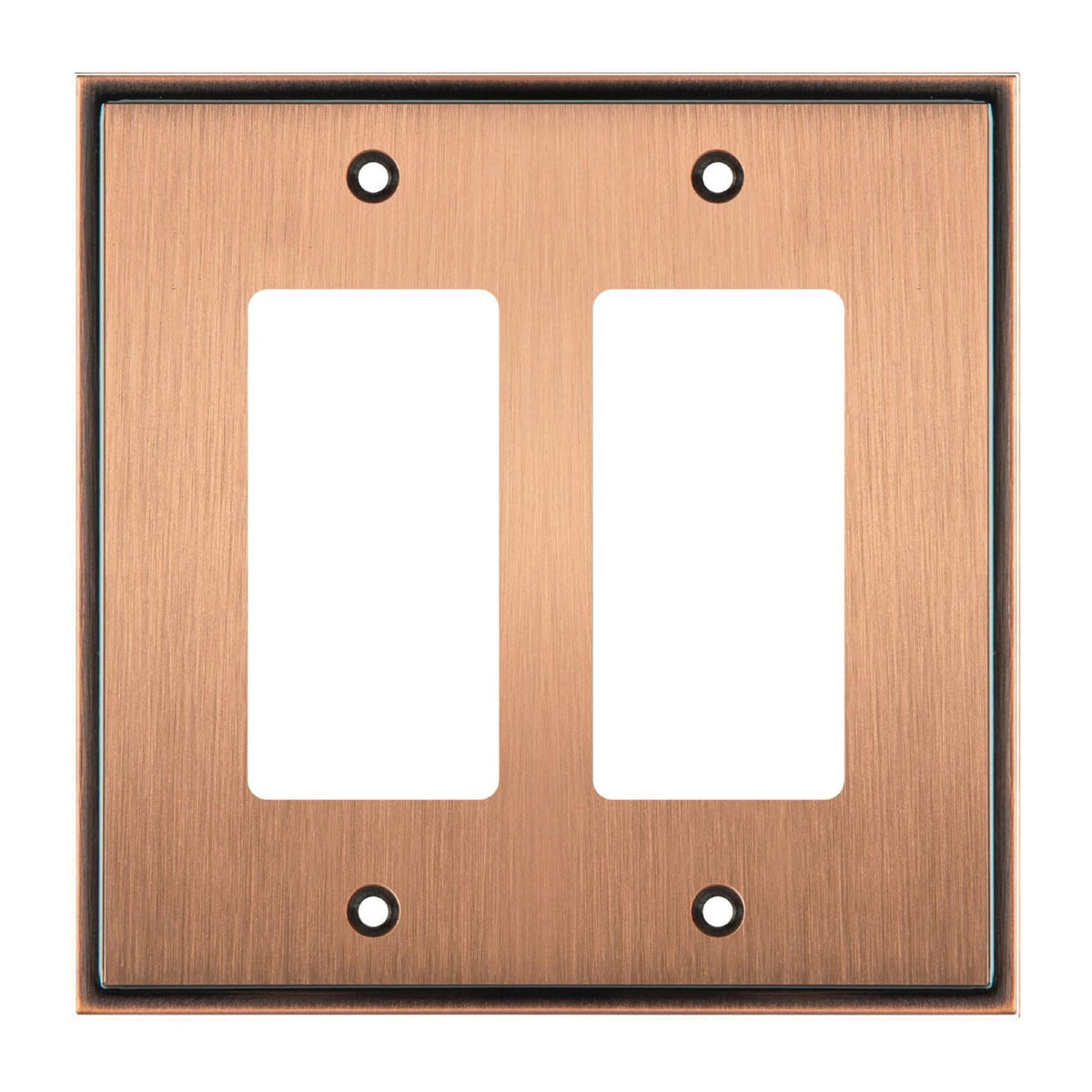 Copper double gang wall plate with two white inserts on a white background