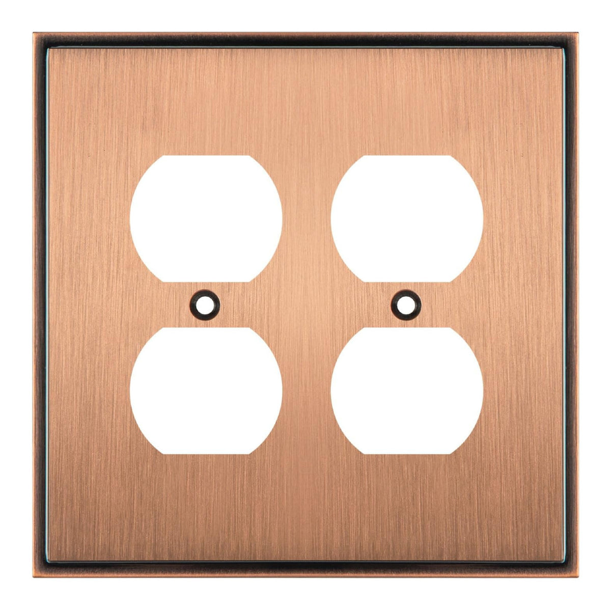 Copper double electrical outlet cover with white inserts on a white background