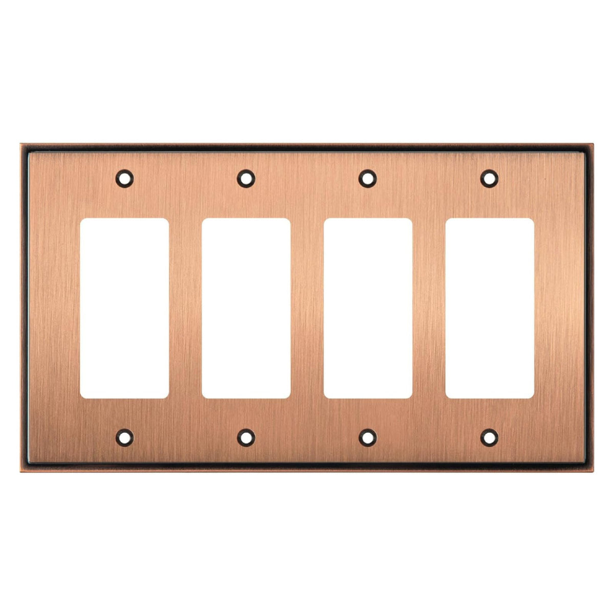 Copper-colored electrical wall plate with four sockets on a white background