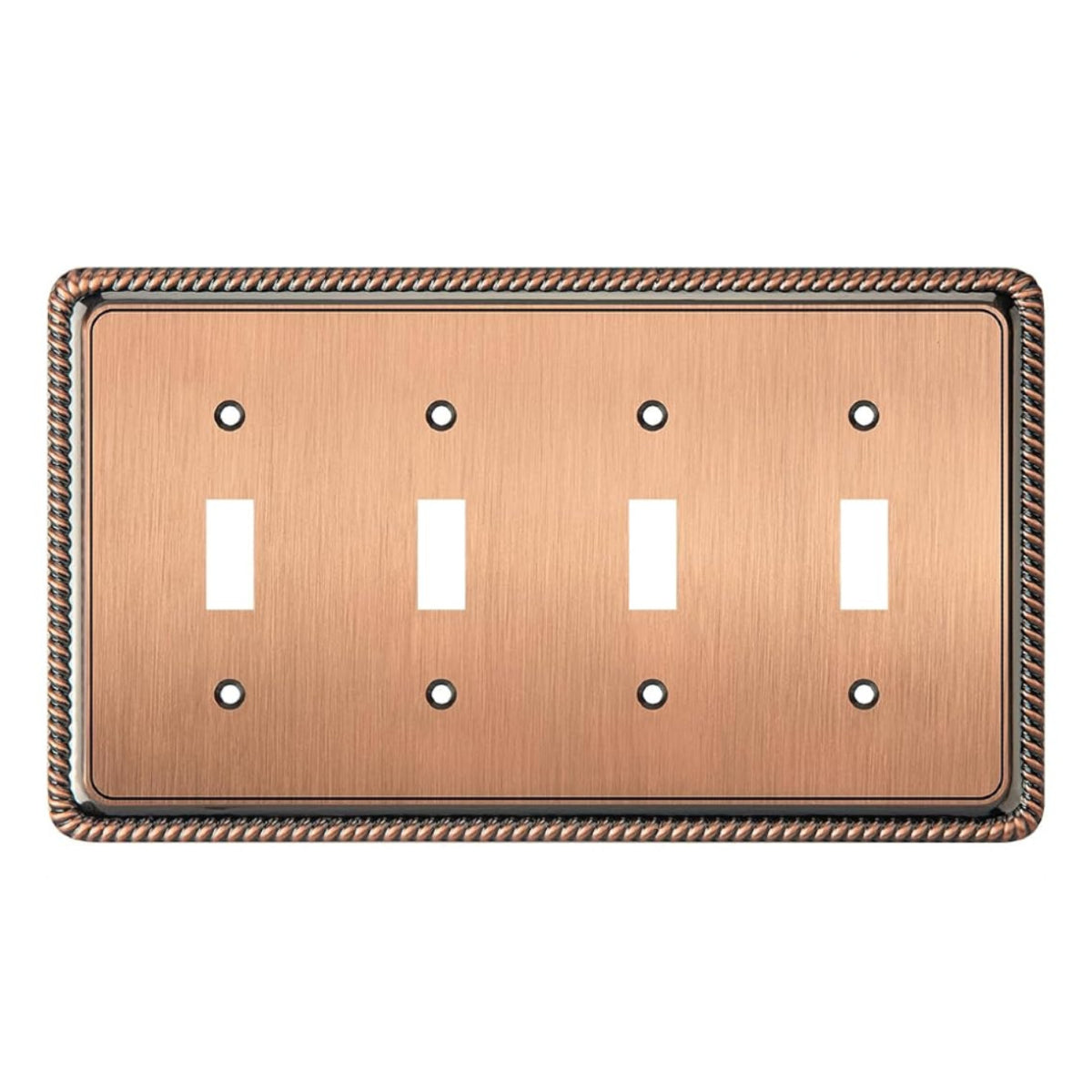 Copper four-toggle switch plate with decorative border on a white background